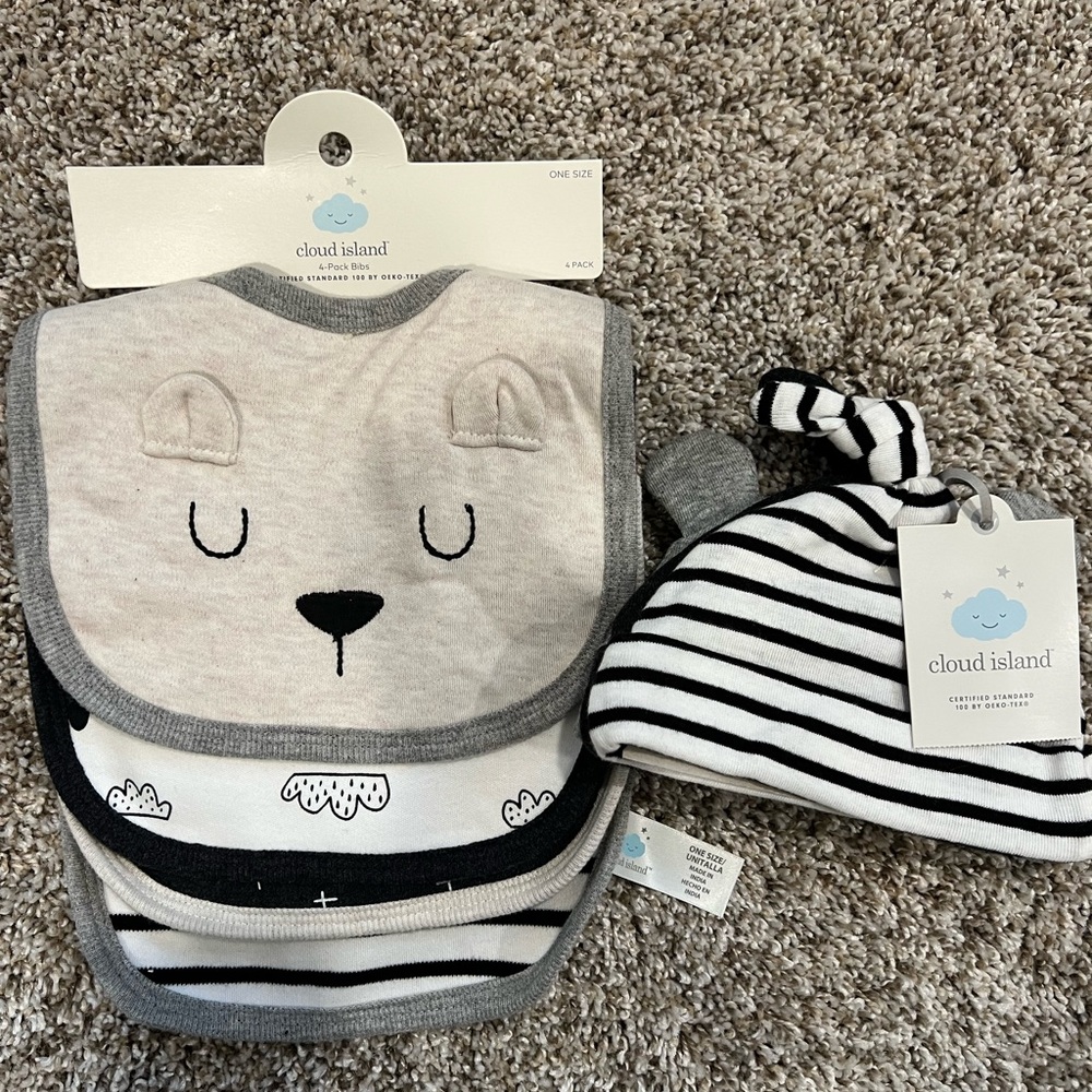 Cloud Island Newborn Bundle- 4-Pack Bibs and 3-Pack Newborn Hats NWT
